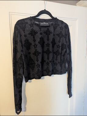 Killstar Black Sheer Velvet Cross-Pattern Long Sleeve Top